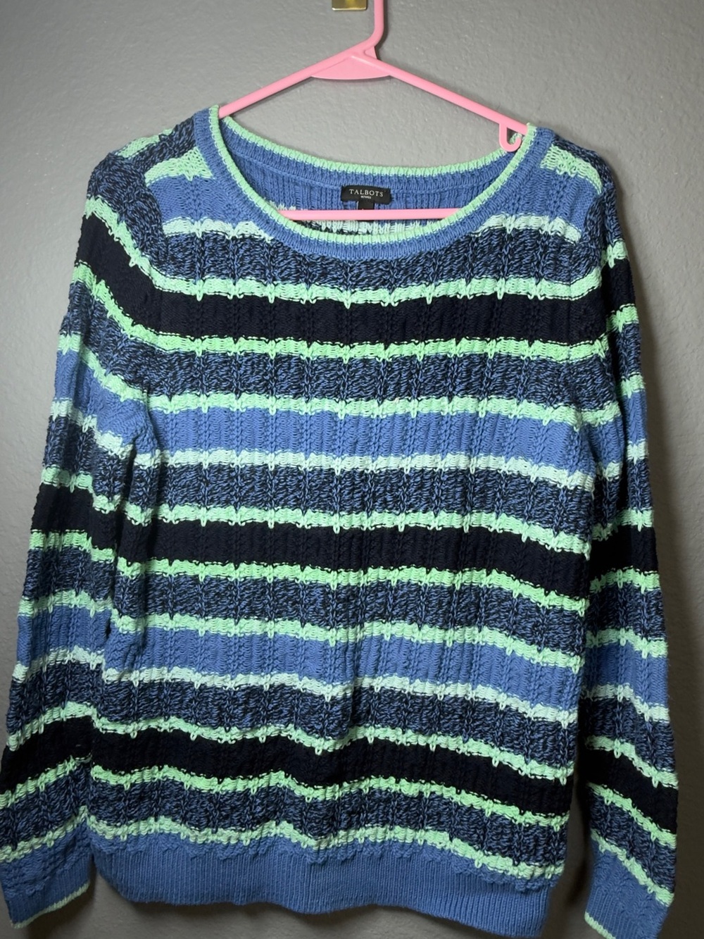 Talbots Blue, Mint & Navy Striped Cable-Knit Crew Sweater